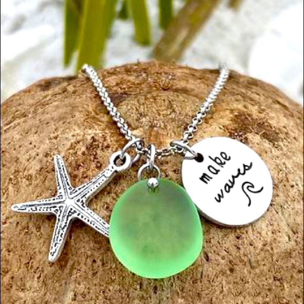 Make waves sea glass charm bohemian necklace NWT